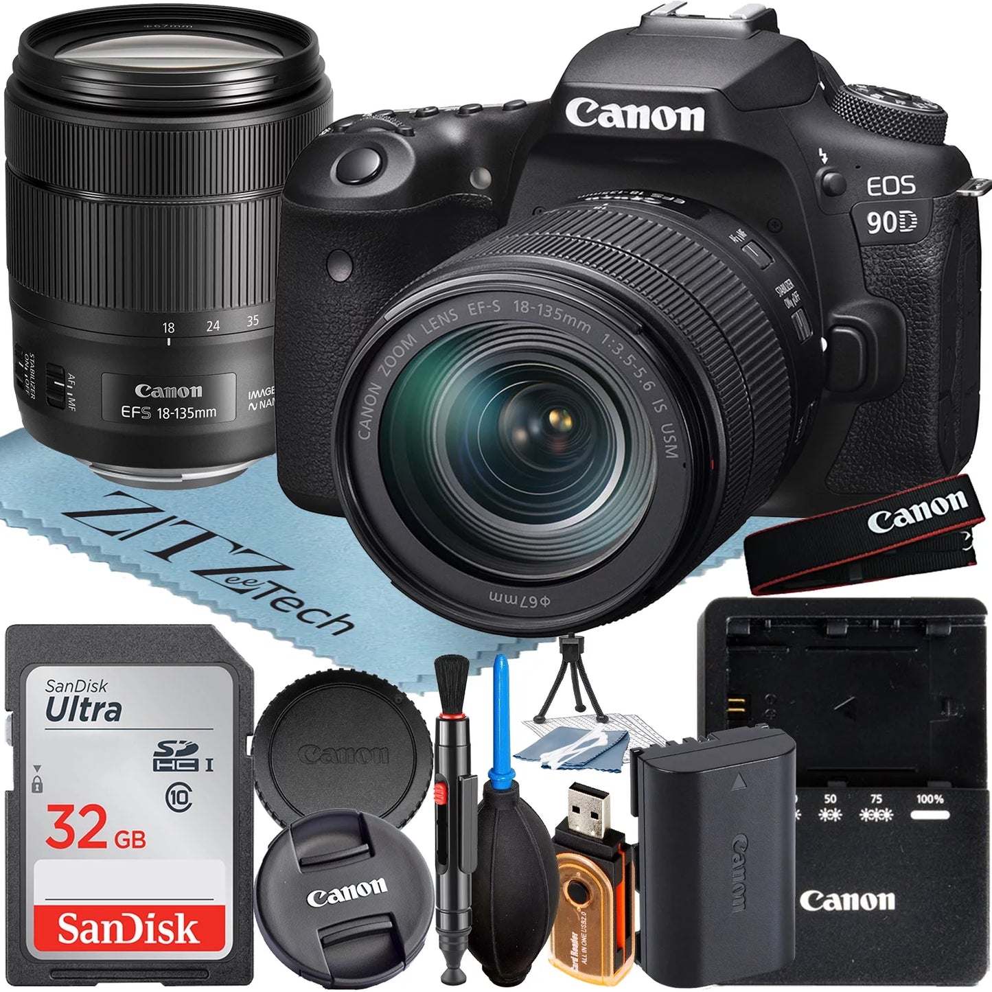 Canon EOSize 90D DSizeLR Camera with 18-135mm ISize USizeM Lens + SizeanDisk 32GB Memory Card + ZeeTech Accessory Bundle