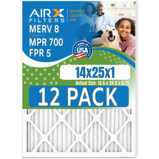 14x25x1 Air Filter MERV 8 Rating, 12 Pack of Furnace Filters Comparable to MPR 700 & FPR 5 - Made in USizeA by AIRX FILTERSize WICKED CLEAN AIR.